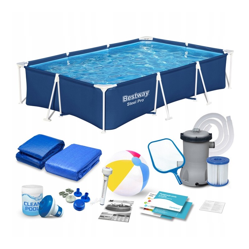 Didelis bestway stačiakampio rėmo baseino mega komplektas, kilimėlis, užvalkalai, priedai