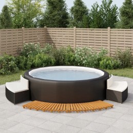 Hot tub in black PE rattan enclosure with 2 benches and stairs