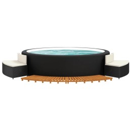 Hot tub in black PE rattan enclosure with 2 benches and stairs