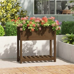 Flowerpot with shelf, honey brown, 82.5x34.5x81 cm, pine wood