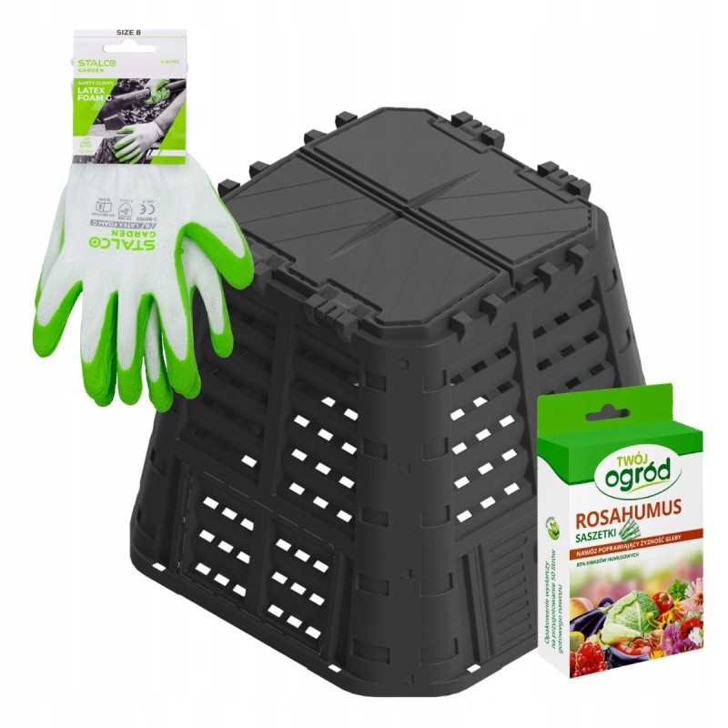 Komplektacija: komposteris 480l + rozahuuso trąšos 4x5g nemokamos pirštinės