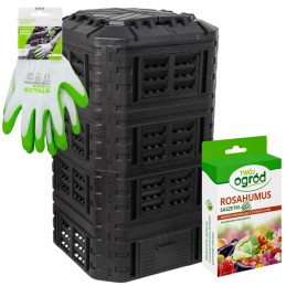 Komplektacija: komposteris 1260l + rozahuuso trąšos 4x5g nemokamos pirštinės