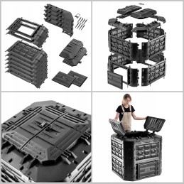 Juodas modulinis sodo komposteris, ištisus metus, su trąšomis, 650l bakas