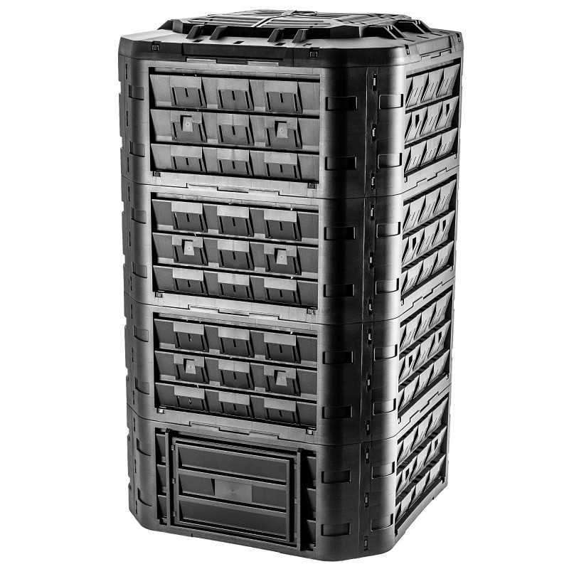 Juodas modulinis sodo komposteris, ištisus metus, su trąšomis, 1250l bakas