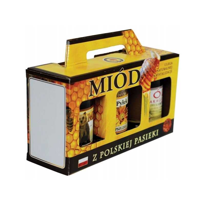 Siūlome dekoratyvinę medaus dėžutę 3 stiklainiams, 315 ml, puikiai tinka dovanai - labai geras lenkiškas gaminys