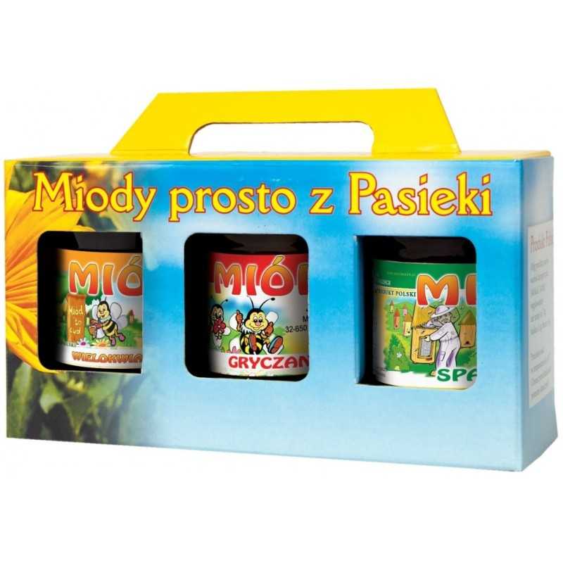 Siūlome dekoratyvinę medaus dėžutę 3 stiklainiams, 315 ml, puikiai tinka dovanai - labai geras lenkiškas gaminys