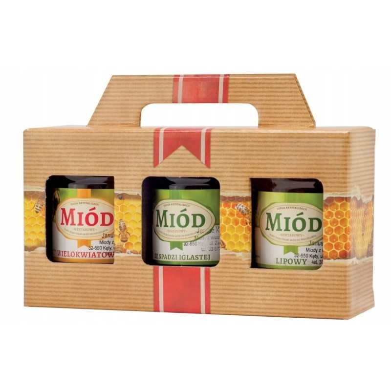 Siūlome dekoratyvinę medaus dėžutę 3 stiklainiams, 315 ml, puikiai tinka dovanai - labai geras lenkiškas gaminys