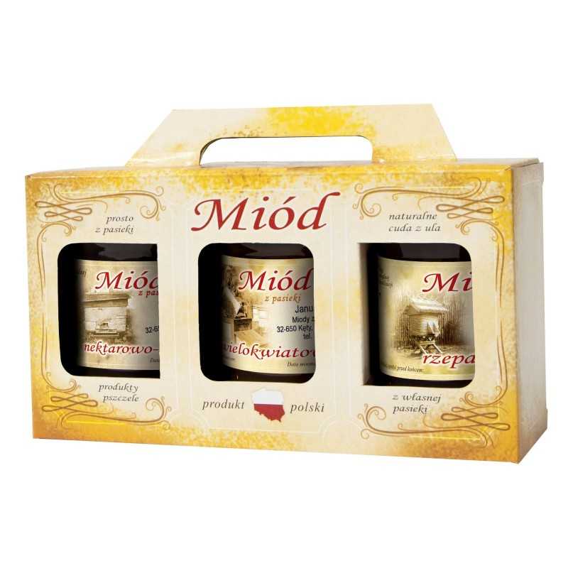 Siūlome dekoratyvinę medaus dėžutę 3 stiklainiams, 315 ml, puikiai tinka dovanai - labai geras lenkiškas gaminys