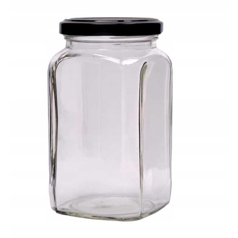 Klasikinis kvadratinis stiklainis su dangteliu, kurio talpa 380 ml