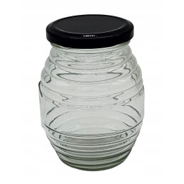 Stiklainis su juodu dangteliu, 380 ml indelis, reljefinėmis juostelėmis