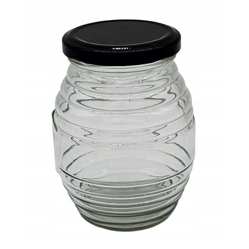 Stiklainis su juodu dangteliu, 380 ml indelis, reljefinėmis juostelėmis