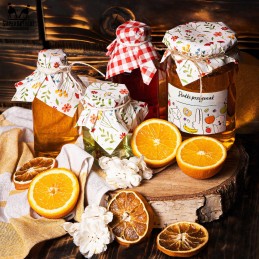 Rinkinys raudonų dangtelių stiklainiams + džiuto virvelė