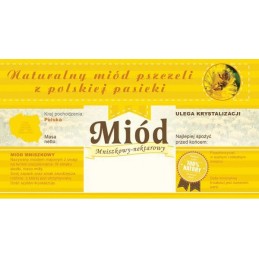 Siūlome lipnias etiketes su banderole – kiaulpienių medumi – labai geras produktas