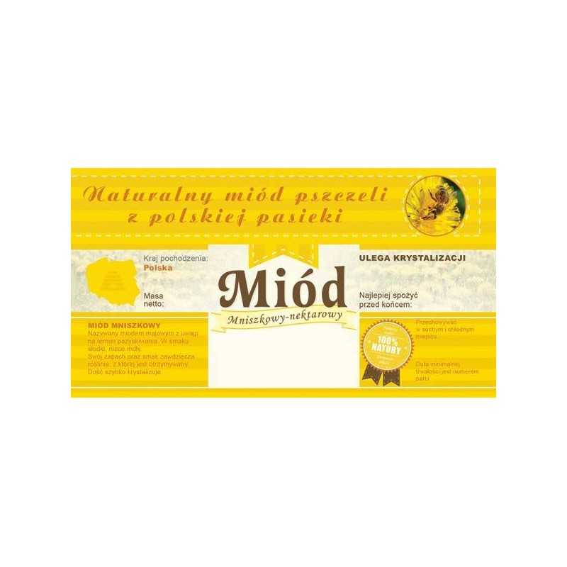 Siūlome lipnias etiketes su banderole – kiaulpienių medumi – labai geras produktas