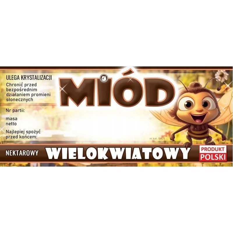 Etiketės su bite daugiažiedžiu medui, ruda e421