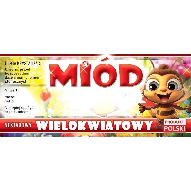 Etiketės su bite daugiažiedžiu medumi e420