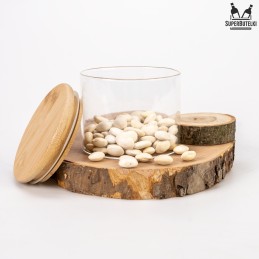 Stiklinis indelis/talpykla 390 ml su mediniu dangteliu su sandarikliu.