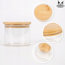 Stiklinis indelis/talpykla 390 ml su mediniu dangteliu su sandarikliu.
