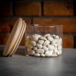 Stiklinis indelis/talpykla 390 ml su mediniu dangteliu su sandarikliu.
