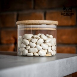 Stiklinis indelis/talpykla 390 ml su mediniu dangteliu su sandarikliu.