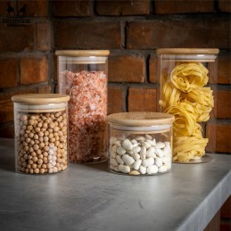 Stiklinis indelis/talpykla 390 ml su mediniu dangteliu su sandarikliu.