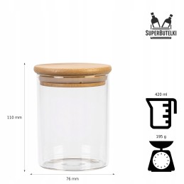Stiklinis indelis/talpykla 420 ml su mediniu bambukiniu dangteliu ir sandarikliu