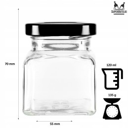 Kvadratinis stiklinis 120 ml indas su 53 mm metaliniu dangteliu ir spauda