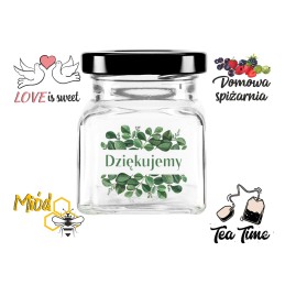 Kvadratinis stiklinis 120 ml indas su 53 mm metaliniu dangteliu ir spauda