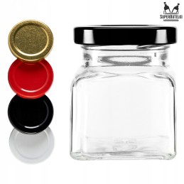 Kvadratinis stiklinis 120 ml indas su 53 mm metaliniu dangteliu ir spauda
