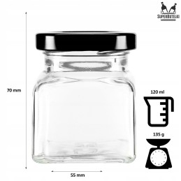 Kvadratinis stiklinis 120 ml indas su 53 mm metaliniu dangteliu ir spauda