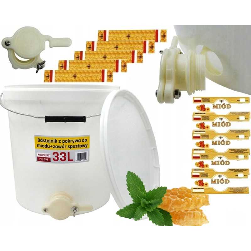 plastikinis skaidrintuvas su dangteliu medui 33l + išleidimo vožtuvas + 10 dovanų