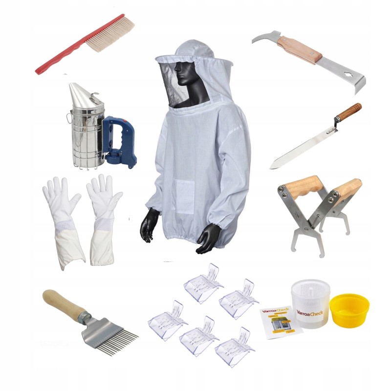 Bitininkystės rinkinys, kaltas, dulkių siurblys, palaidinė, atsegimo griebtuvas, varozės testas