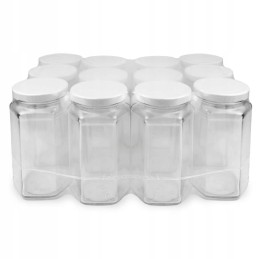 385 ml šešiakampis stiklainis su specialiu dangteliu – pakuotėje 48 vnt.