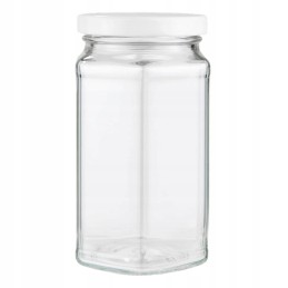 385 ml šešiakampis stiklainis su specialiu dangteliu – pakuotėje 48 vnt.