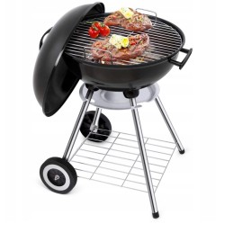 Garden charcoal grill for briquettes, closed, cover, shelf