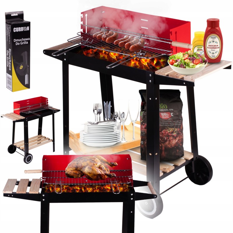 Kaasaskantav aia söegrill, kroomitud rest, pliit, rattad, riiulid