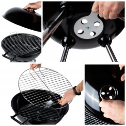 Garden charcoal grill with lid, large round ash pan, wheels, shelf