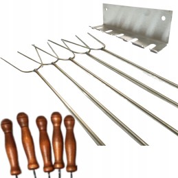 Nerūdijančio plieno kepsninės laužo lazdos 120cm 5 vnt šakutės + kabykla