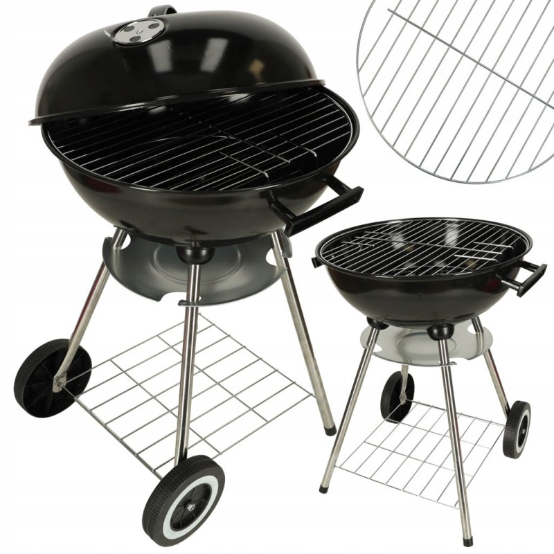 Garden charcoal grill for briquettes, closed, with cover, ventilation and shelf