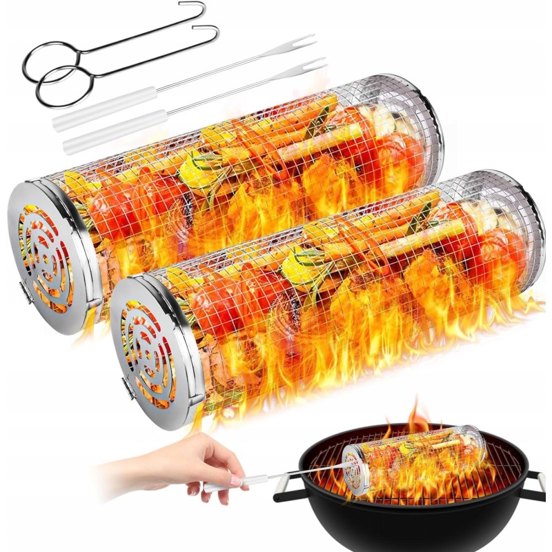 ✅ 2x grill basket for vegetables meat fish grill 20cm round container set