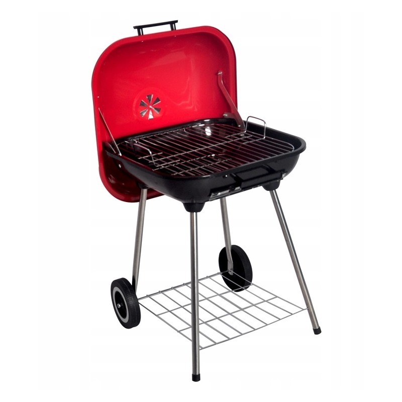 Nešiojama sodo anglių kepsninė ant ratų su grotelių dangteliu