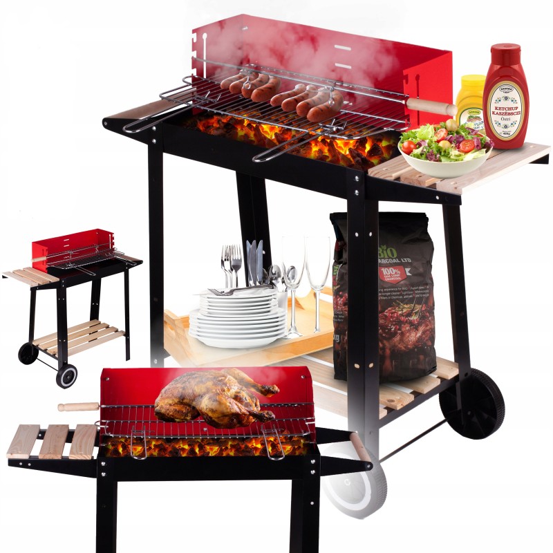 Sodo kepsninė ant ratų, reguliuojamos grotelės, anglinis grilis su polka ratukais