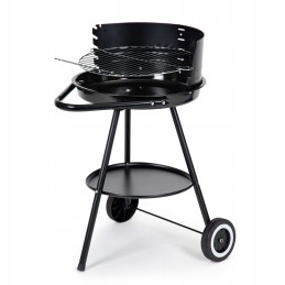 Round garden grill with height-adjustable grate, portable wheels