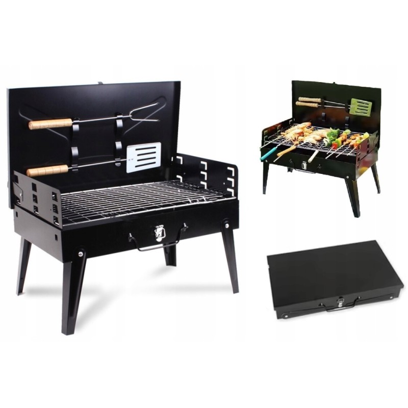 Sulankstomas medžio anglies sodo grilis su mentele ir šakute