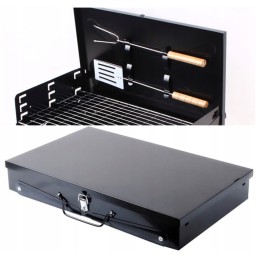 Sulankstomas medžio anglies sodo grilis su mentele ir šakute