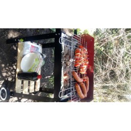 Garden charcoal grill, portable, chrome, grate, spit, wheels, shelves