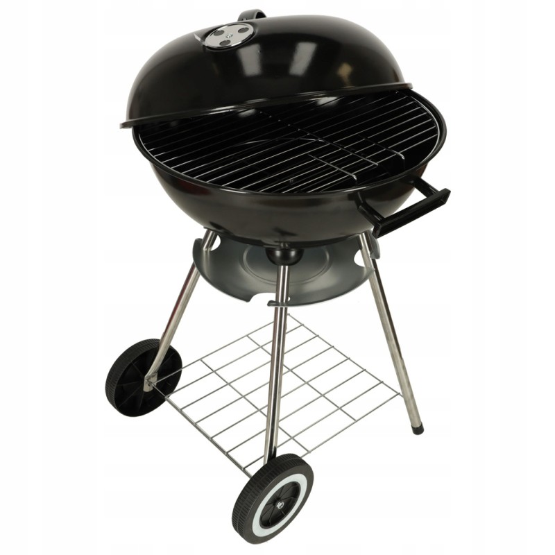 Garden charcoal grill for briquettes, closed, with a cover, ventilation and a shelf