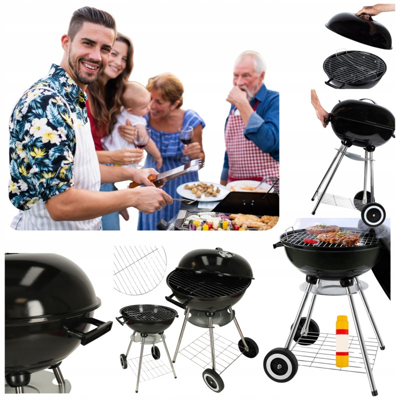 Garden charcoal grill for briquettes, closed, with a cover, ventilation and a shelf