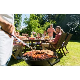 Garden charcoal grill for briquettes, closed, with a cover, ventilation and a shelf