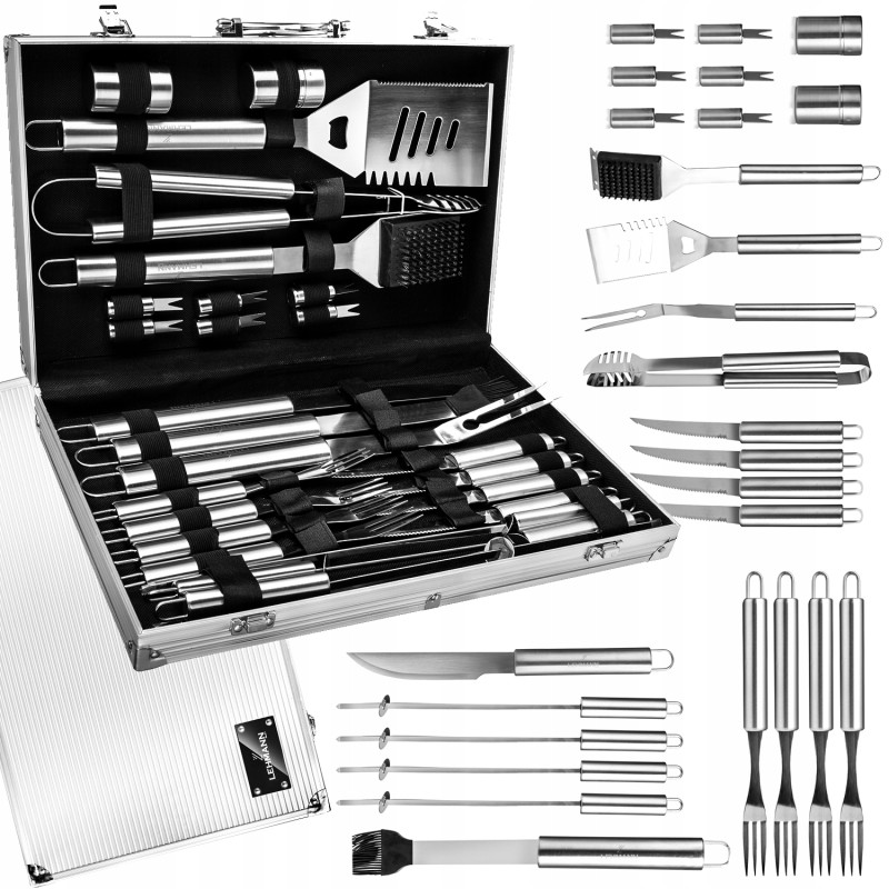 Grilio stalo įrankiai lagamine – praktiškas ir elegantiškas rinkinys, turintis daug privalumų, ypač skirtas kepsnių mėgėjams.